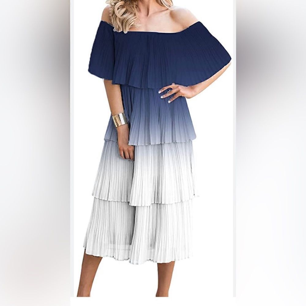 Women’s Blue & White MIDI Tiered Ruffle Dress  NWOT!!  NEVER WORN